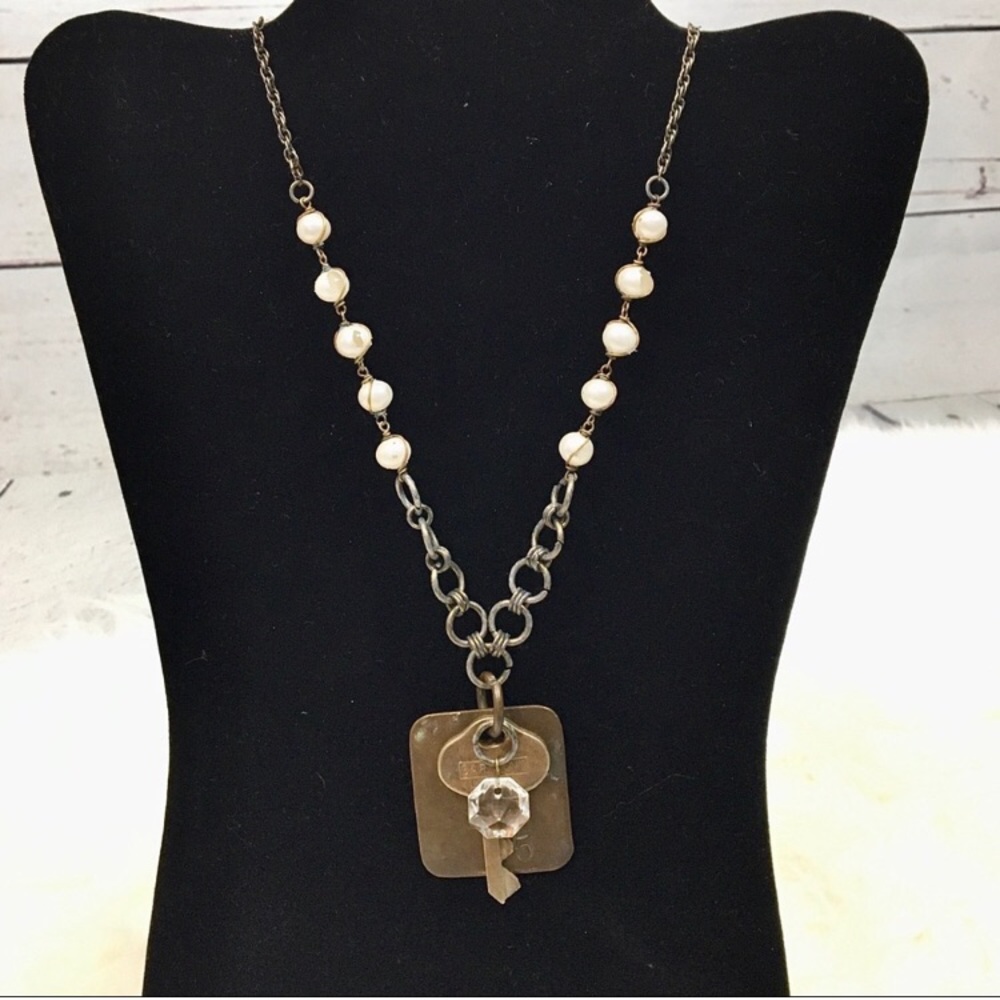 Military Inspired Antiqued Brass Bed Tag Key Necklace Toggle Clasp Handmade